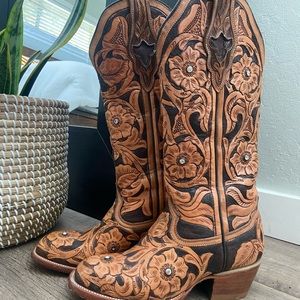 Tooled Leather Boots with Rhinestone Detail